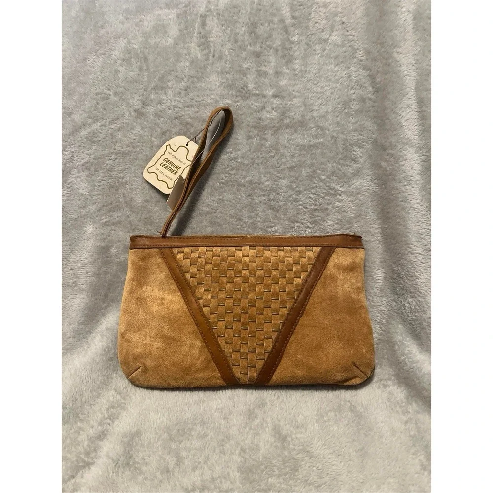 Genuine Leather Wristlet Satchel Bag Clutch Brown NWT Imported Women Accessories